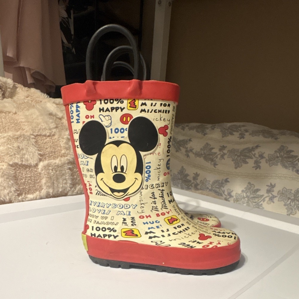 Western Chief Disney Mickey Mouse Rain Boots Kids US 7/8 Oh Boy Gray Cream Red